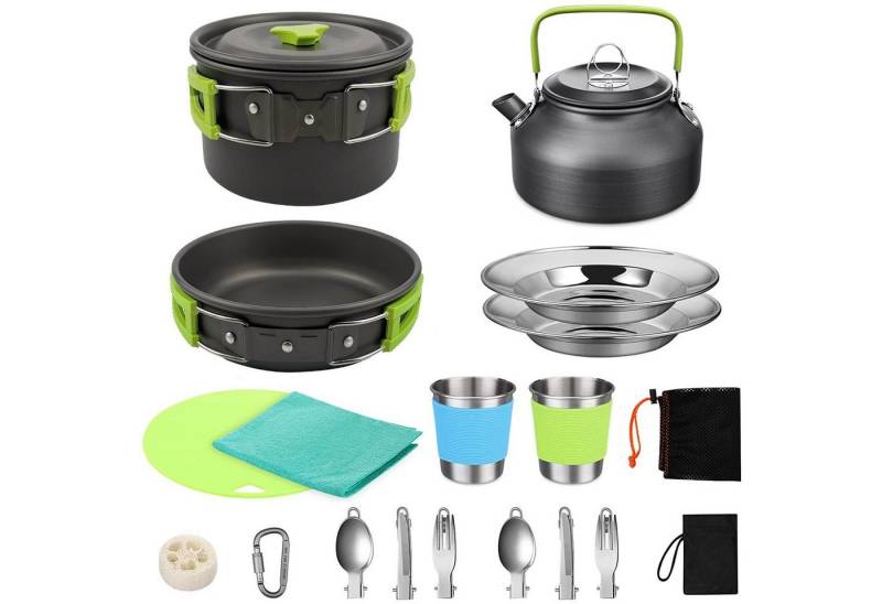 OSTWOLKE Geschirr-Set Camping Kochgeschirr Set Outdoor Geschirr Set Kochtopf Picknick Topf, 2 Personen, Aluminium, mit Teekanne von OSTWOLKE