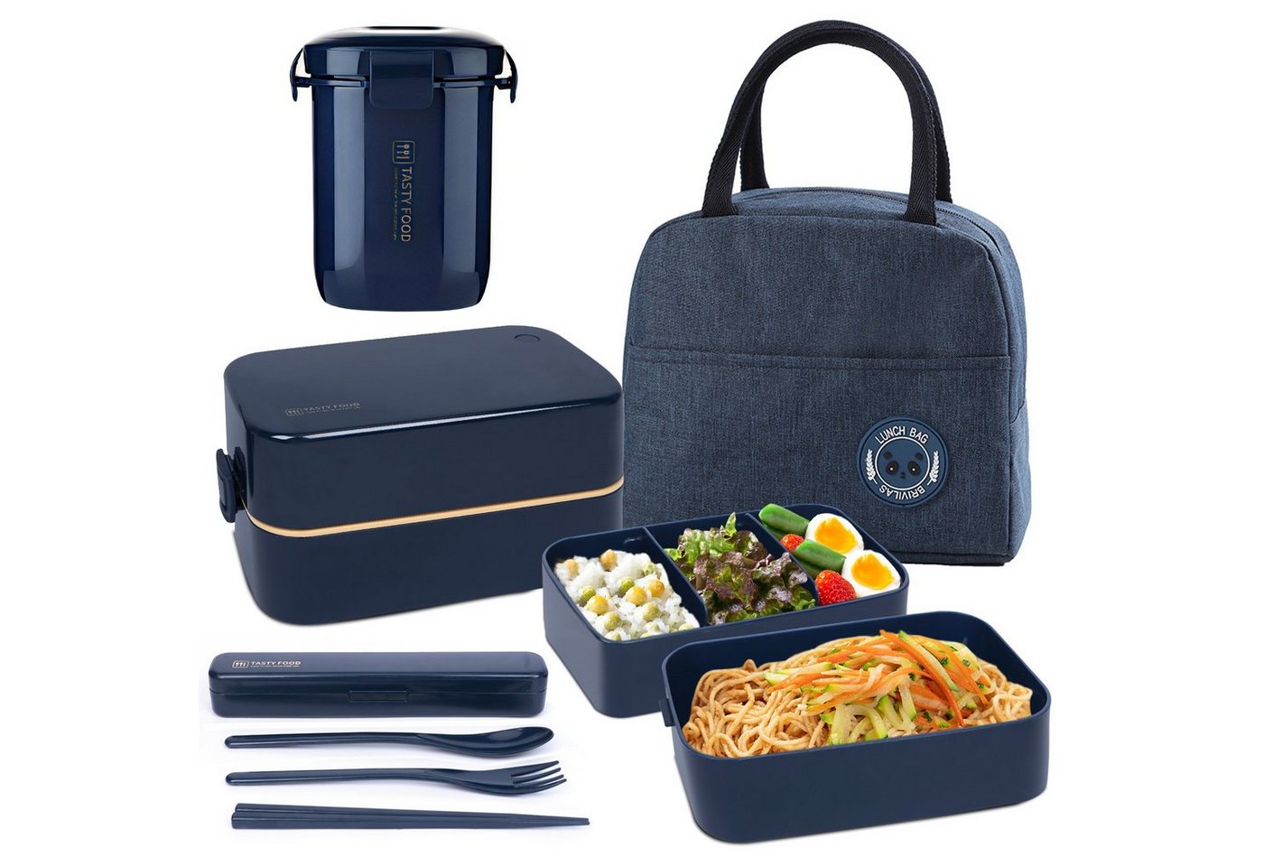 OSTWOLKE Lunchbox Bento Box Set Kunststoff Tragbare Auslaufsichere Lunchbox mit Tasche, inkl. Besteck-Set, mit Suppenbecher von OSTWOLKE