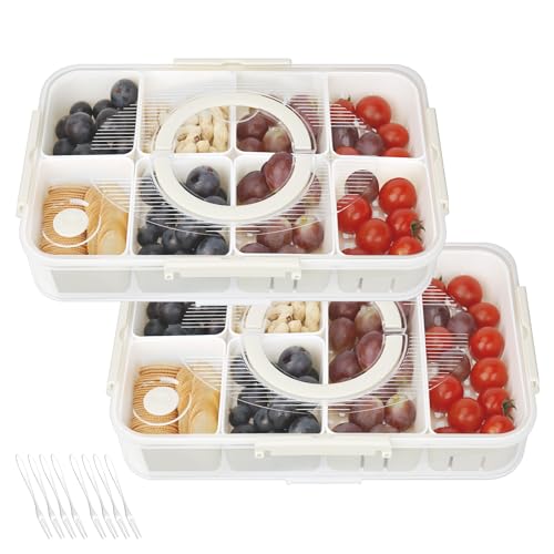 OSTWOLKE Snackbox mit Fächern, 2 Stück Snackteller aus PP (14 Fächern + 8 Edelstahlgabeln), Snackschale mit Auslaufsicherer Deckel und Griff für Snacks Obst Nüsse Keksen Süßigkeiten, für Partys Picnic von OSTWOLKE