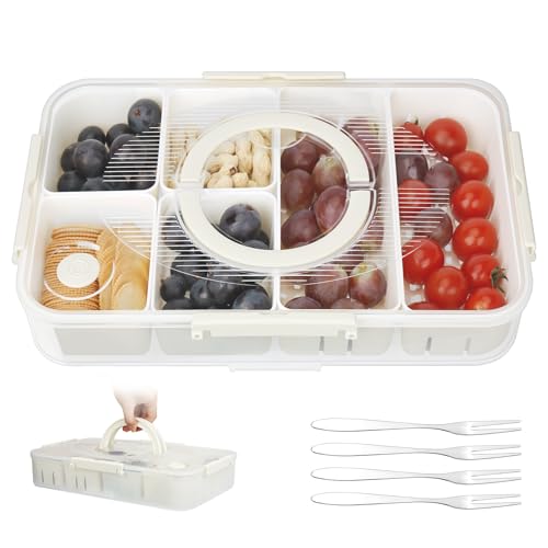 OSTWOLKE Snackbox mit Fächern, Snackteller aus PP (6 Fächern + 4 Edelstahlgabeln), Tragbare Snackboxen mit Deckel und Griff für Gesunde Snacks Obst Nüsse Keksen Süßigkeiten, für Partys, Picnic von OSTWOLKE