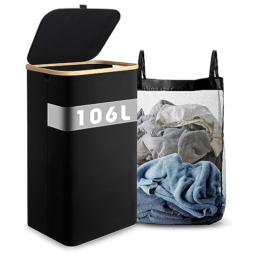 OSTWOLKE 106L Wäschekorb mit Deckel, Laundry Baskets, Wasserdicht Wäschebehälter, Faltbarer Wäschetaschen mit Bambus Henkel und Innentasche Tragbar Abnehmbarer Wäschesack (44 x 33 x 73 cm) von OSTWOLKE