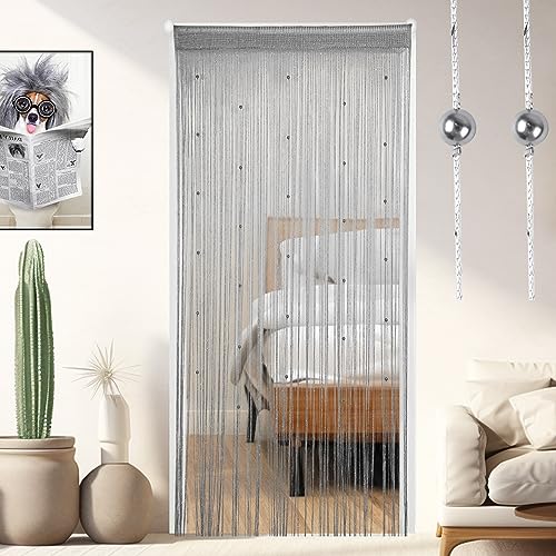 OSVINO 2PCS Perlen Vorhänge Silber Fadengardinen 200x100cm Verdunklungsvorhänge Raumteiler Schrankvorhänge Tür Vorhänge Fliegengitter Schnur Vorhänge für Party Hochzeit Hippie-Raumdekoration von OSVINO