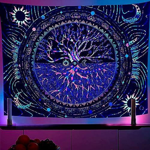 OSVINO Schwarzlicht Baum des Lebens Wandteppich 130X150CM Im Dunkeln leuchten Wandbehang Bunte Ästhetik Sonne Mond Galaxis Trippig Tapisserie für Schlafzimmer Wohnzimmer Wohnheim von OSVINO