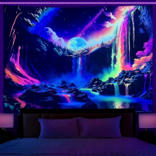 OSVINO Schwarzlicht Wandteppich 150x200cm Regenbogenwasserfall - UV-reaktiver Wandbehang für Schlafzimmer, Wohnzimmer & Hippie-Zimmer - Ideal für Halloween von OSVINO