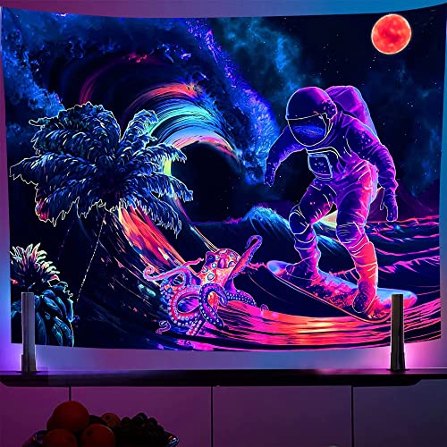 OSVINO Schwarzlicht Wandteppich Astronaut 130X150CM Raum Pflanzen Krake Tapisserie Ästhetisch Neon Wandbehang Kunstplakate UV-reaktiv Trippy Wandteppiche für Schlafzimmerdekoration von OSVINO