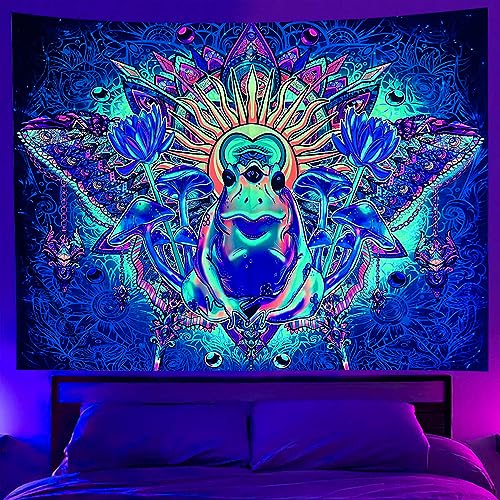OSVINO Schwarzlicht Wandteppich Frosch 180X230CM Pilze Lotus Schmetterling Bunt Cool Wandposter Neon-Wandteppich Hippie-Zimmerdekoration für Erwachsene Schlafzimmer Wohnzimmer von OSVINO