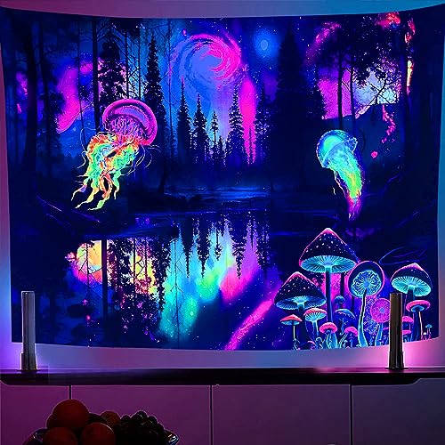 OSVINO Schwarzlicht Wandteppich Quallen 180X230CM Fantasy Bunte Bäume Sonnenuntergang See Wandbehang UV-reaktiv Psychedelischer Wandteppich Tippy Wandposter Schlafzimmer-Dekor von OSVINO