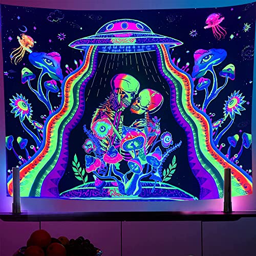 OSVINO Schwarzlicht Wandteppich Schädel 180x230CM Die küssenden Liebenden Qualle Trippy Tapisserie Fantasy Pflanzen UFO UV-reaktiv Galaxie-Poster Skelett Wandbehang für Schlafzimmer von OSVINO