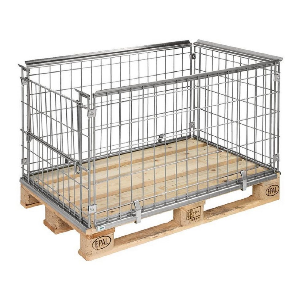 OSWALD Transportgeräte Transportwagen Palettenaufsatz Gitterbox, Klappe an Querseite - 1.220 x 820 x 640 mm, Maschenweite: 65 x 120 mm von OSWALD Transportgeräte