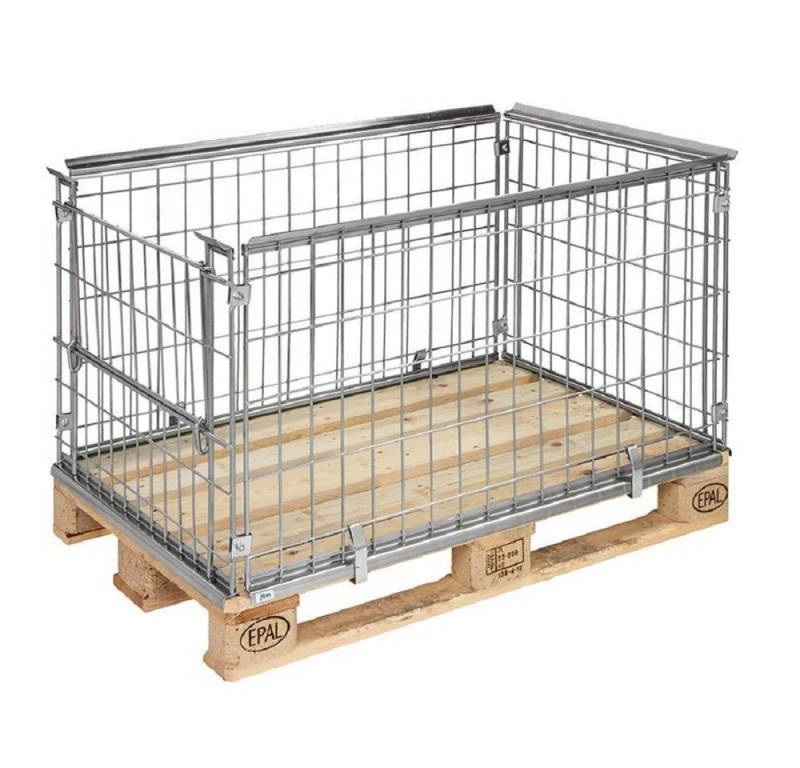 OSWALD Transportgeräte Transportwagen Palettenaufsatz Gitterbox, Klappe an Querseite - 1.220 x 820 x 640 mm, Maschenweite: 65 x 120 mm von OSWALD Transportgeräte