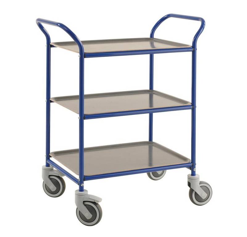 OSWALD Transportgeräte Transportwagen Servierwagen Tablettwagen 770 x 495 mm - 150 kg - blau/anthrazit, (NK1620-BA), Pulverlackiert mit 3 abnehmbaren Tabletts von OSWALD Transportgeräte