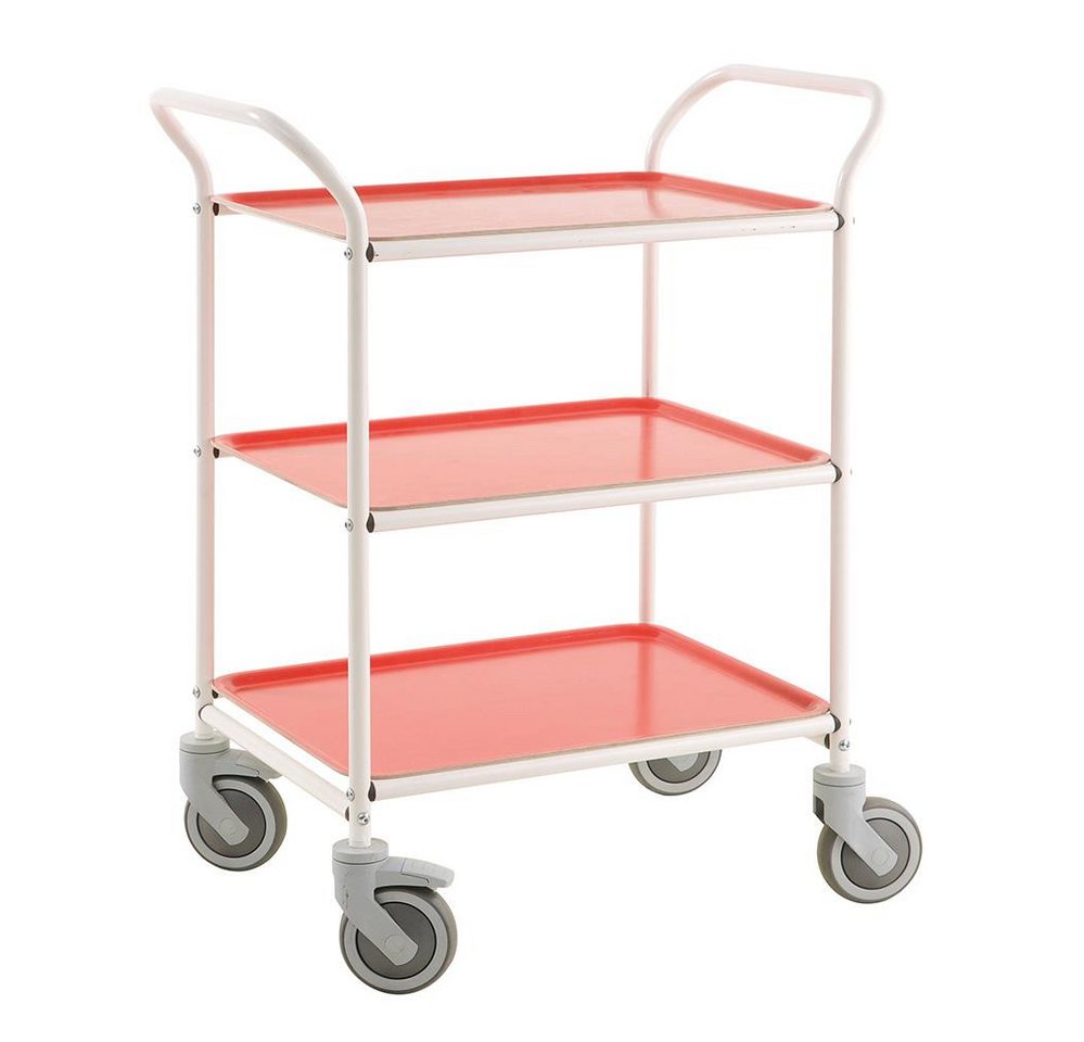 OSWALD Transportgeräte Transportwagen Servierwagen Tablettwagen 770 x 495 mm - 150 kg - weiß/rot, (NK1620-VR), Pulverlackiert mit 3 abnehmbaren Tabletts von OSWALD Transportgeräte