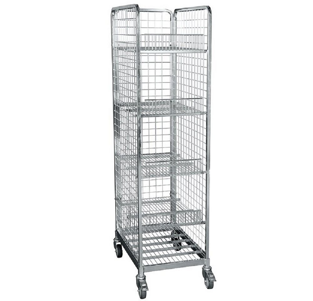 OSWALD Transportgeräte Transportwagen Stahlrollbehälter 460, 500 x 680 x 1.855 mm, 4 Böden, 3-seitig, 300 kg, (RW11011), Rollplatte Metall, Nutzhöhe 1.665 mm, Rollen Polypropylen von OSWALD Transportgeräte