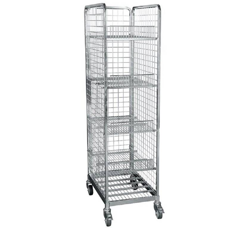 OSWALD Transportgeräte Transportwagen Stahlrollbehälter 460, 500 x 680 x 1.855 mm, 4 Böden, 3-seitig, 300 kg, (RW11012), Rollplatte Metall, Nutzhöhe 1.665 mm, Rollen Polypropylen von OSWALD Transportgeräte