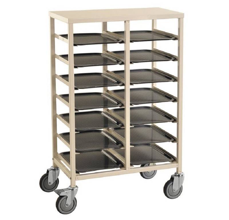 OSWALD Transportgeräte Transportwagen Tablettwagen 720 x 430 x 1.095 mm, mit Bremsen, Tragfähigkeit 150 kg, (NK882-14), für 14 Tabletts mit der Abmessung 400 x 300 mm von OSWALD Transportgeräte
