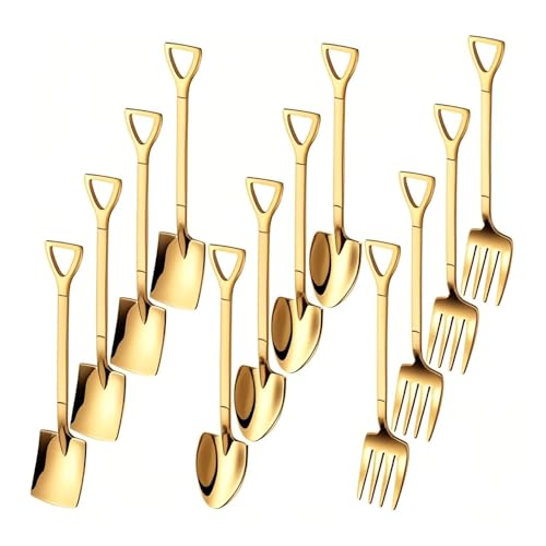 OT-NVWOZR 12 Stück Edelstahl Spatenlöffel Löffel Gabel Set, Kreativ Dessertlöffel Kaffeelöffel Eisdessertlöffel Kuchengabeln, schaufelförmiger Rührwerkzeuge Espressolöffel für Party Restaurant (Gold) von OT-NVWOZR