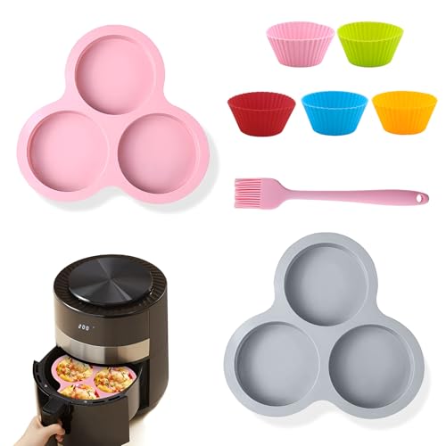 OT-NVWOZR 2 Stück Spiegeleiform Eierform Silikon für Fritteuse, Muffinform mit 5 Kuchenformen Pinsel Backen, Wiederverwendbare Luftfritteusen-Zubehör Eierform für Spiegeleier Hamburger von OT-NVWOZR