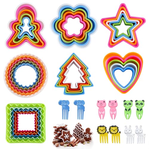 OT-NVWOZR 35 Stück Ausstechformen, Multi-Size Plastik Keksaussteche Plätzchenausstecher, Cookie Cutter mit 10 Tierfutter-Picks für Kinder Sandwich Fondant Kuchen Obst Gemüse Rund von OT-NVWOZR
