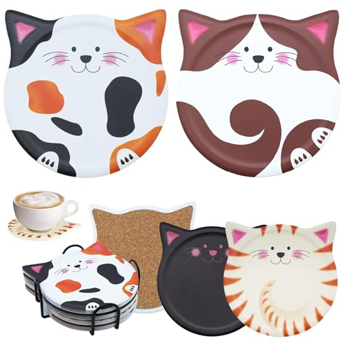 OT-NVWOZR 4 Stück Katzen Cartoons Keramik Untersetzer mit Metallhalter, Saugfähiger Getränkeuntersetzer mit Korkboden, Rutschfester Kork-Basis Untersetzer für Tassen Becher Glas Tee von OT-NVWOZR