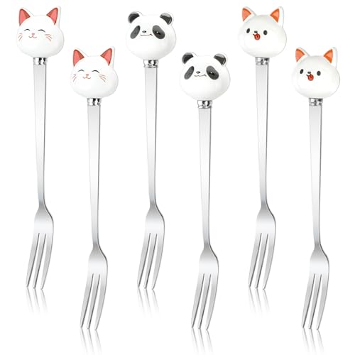 OT-NVWOZR 6 Stück Katzen Gabel Kaffeelöffel Set, Edelstahl Dessertlöffel Katze Kuchengabeln Katzenlöffel, Keramik Hundelöffel Panda-Löffel für Tee Kaffee Dessert Drink Party Cafés (6, Gabel) von OT-NVWOZR