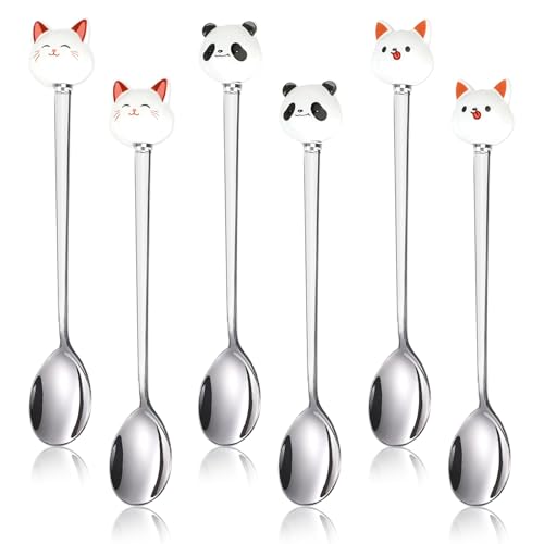 OT-NVWOZR 6 Stück süße Katzenlöffel, Edelstahl-Kaffeelöffel für Dessert, Cartoon-Latte-Eis, Teelöffel für Kuchen, Tee, Zucker, Joghurt, Milch, Rührparty (6 Löffel) von OT-NVWOZR