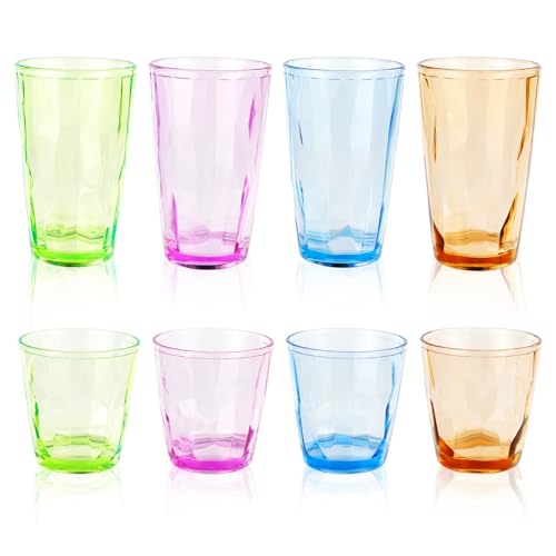 OT-NVWOZR 8 Stück Bunt Plastik Wassergläser Gläser set, Unzerbrechliche Acryl Trinkgläser 200ml & 470ml, Stapelbare Trinkbecher Kindergläser Kunststoff für Camping Spülmaschinenfest von OT-NVWOZR