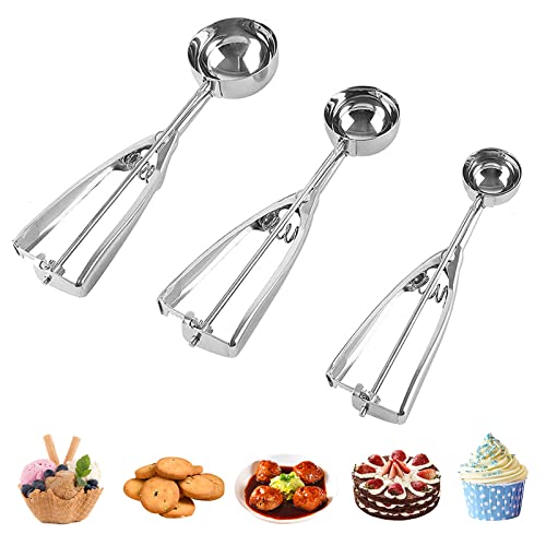 OT-NVWOZR Eisportionierer-Set, 3 Stück Keksschaufeln mit Auslöser, klein/mittel/groß Edelstahl Melonenball Keksteigschaufel zum Backen von Lebensmitteln, Obst, Fleischbällchen, Muffin von OT-NVWOZR