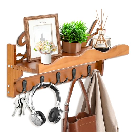 OT-NVWOZR Wandgarderobe mit Ablage, Holz Garderobenleiste Wandregal mit 5 Metal Haken, Strand-Thema Kleiderhaken Wand Garderobe Hängeregal für Eingang Flur Wohnzimmer Küche Braun von OT-NVWOZR