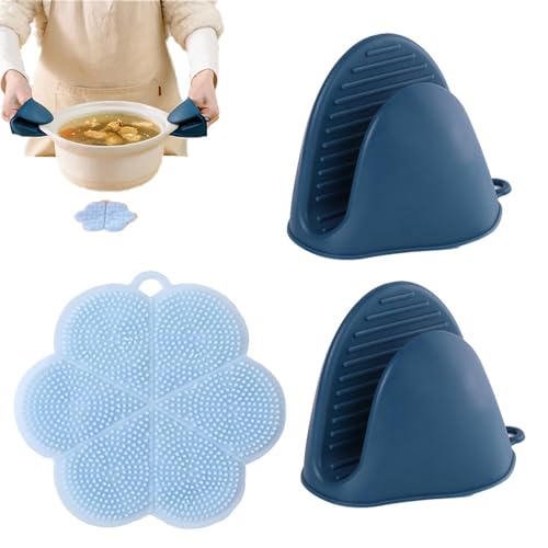 OTAIVE 3Pcs Mini-Ofenhandschuh Silikon Ofenhandschuhe Verdicken Topflappen Anti rutsch Topfhandschuhe wasserdichte Topfhandschuhe zum Backen Kochen BBQ Grillen(blau) von OTAIVE