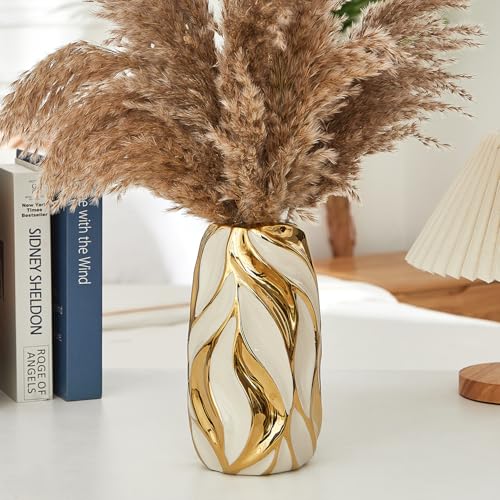 OTARTU Cremeweiße Keramikvase für Blumen, goldene Blumenvase, moderne weiße Vase, Heimdekoration, kleine Vase, Keramikvase für Pampasgras, dekorative Vase, für Bauernhaus, Couchtisch, Bücherregal OTARTU Cremeweiße Keramikvase für Blumen, goldene Blumenvase, moderne weiße Vase, Heimdekoration, kleine Vase, Keramikvase für Pampasgras, dekorative Vase, für Bauernhaus, Couchtisch, Bücherregal von OTARTU