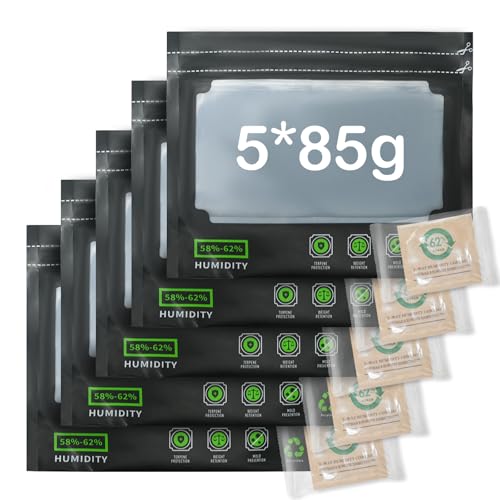 5x 85g Wiederverwendbare Aufbewahrungsbeutel Integrierter Feuchtigkeitskontrolle (58-62%) + 5X10g 62% RH 2-Wege-Feuchtigkeitskontrolle Inklusive - mit Geruchskontrolle + UV-Schutz von OTCOY