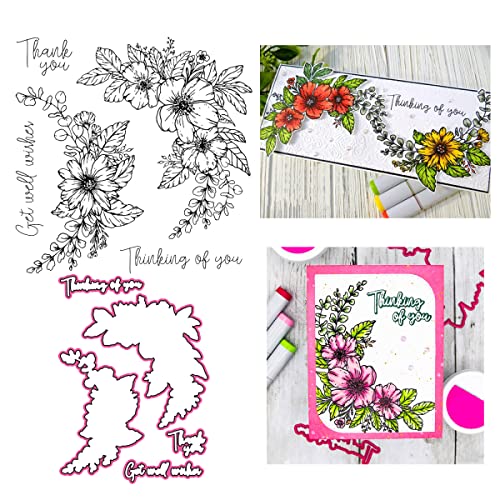 OTCRAFT Beautiful Flowers Thanks you Metal Cutting Die and Clear Stamp Set DIY Scrapbooking Prägung Handwerk Album Schablone Geschenkkarte Handgemachte Dekoration von OTCRAFT