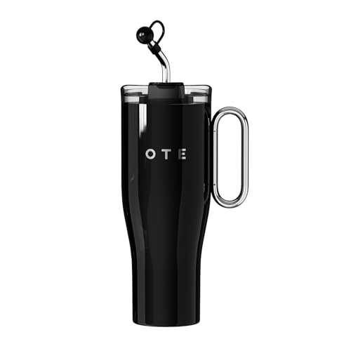 OTE 40oz Thermobecher mit Strohhalm und Henkel, Kaffeebecher to go, Doppelwandiger Edelstahl Vakuum Isolierbecher mit Deckel, Reisebecher Autobecher Becher für Heißer und Kalter Getränke, Schwarz von OTE