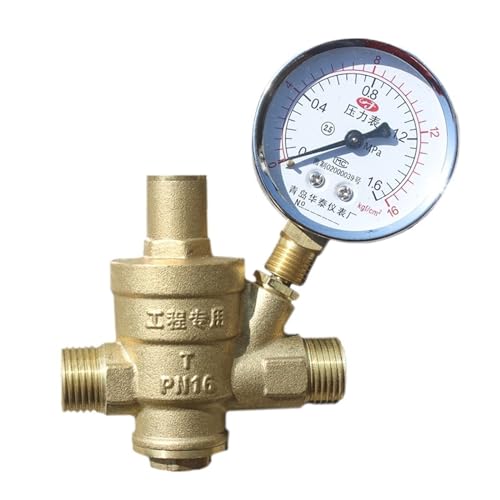 Magnetventil, 1/2" Außengewinde Messing Wasserdruckminderer-Halteventil DN15 Regler Einstellbares Überdruckventil Manometer,Korrosionsbeständig(Valve with Gauge) von OTENC