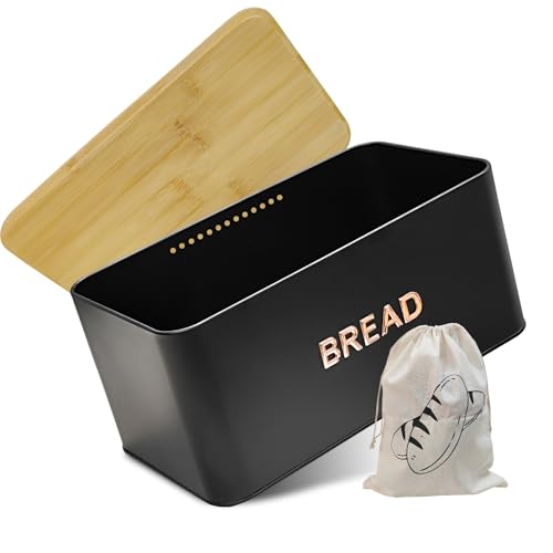 OTNBGSR Brotkasten Metall,Brotbox mit Holzdeckel Verwendbar als Schneidebrett,Brot Lange Aufbewahren und Frisch Halten,Ausgestattet mit Baumwollbrottaschen.33x19x15CM (Schwarz) von OTNBGSR