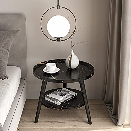 OTNQFUXI Couchtisch Runder Couchtisch, minimalistischer Wohnzimmer-Doppeldecker-Beistelltisch, Nachttischlampe, luxuriöser Kleiner runder Tisch Wohnzimmertisch (Color : Black Stone Grain 40) von OTNQFUXI