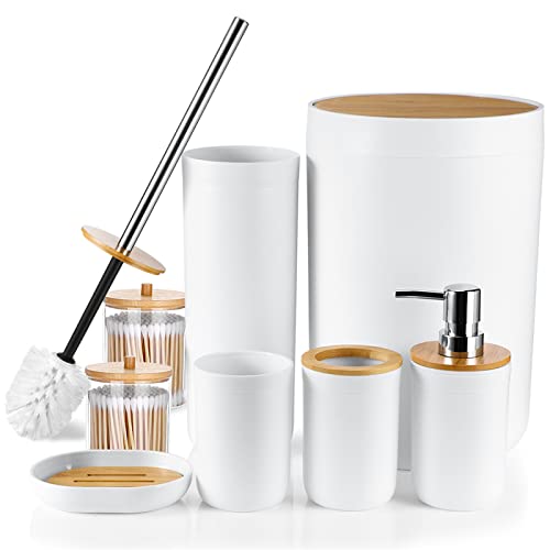 OTOSTAR Badezimmer Zubehör Set 8-teiliges Bambus Geschenkset Badezimmer Zubehör Set mit Mülleimer 2 Qtip Halter Gläser Seifenspender Zahnbürstenhalter Becher Seifenschale Toilettenbürstenhalter (Weiß) von OTOSTAR