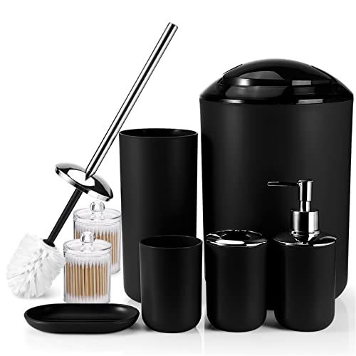 OTOSTAR Badezimmer Zubehör Set Kunststoff Badezimmer Zubehör Set Geschenkset Badezimmer Set mit Mülleimer Seifenspender Zahnbürstenhalter Tumbler Seifenschale Toilettenbürstenhalter Qtip Halter 8er von OTOSTAR