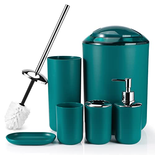 Otostar Badezimmer Zubehör Set 6 Stück Einweihungsgeschenke Set Kunststoff Badezimmer Zubehör Set beinhaltet Zahnbürstenhalter Seifenspender Becher Seifenschale Toilettenbürstenhalter Mülleimer von OTOSTAR