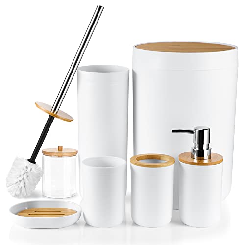 Otostar Bambus Badezimmer Zubehör Set 6 Stück Badezimmer Zubehör Set Kunststoff Geschenke Bad Set mit Zahnbürstenhalter Seifenspender Qtip Halter Tumbler Seifenschale Toilettenbürstenhalter Mülleimer von OTOSTAR