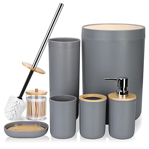 Otostar Grau Badezimmer Zubehör Set Bambus Badezimmer Set mit Qtip Halter Seifenspender Zahnbürstenhalter Becher Seifenschale Toilettenbürstenhalter Mülleimer Kunststoff Bad Set Einweihungsgeschenk von OTOSTAR