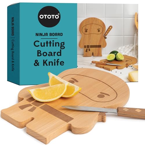 OTOTO – Ninja Board – Kleines Schneidebrett und Messer Set – Küchengeschenk zum Schneiden von Obst und Gemüse – Brett aus Holz und Messer aus Edelstahl – Maße – 25,4 x 17,8 x 1,5 cm von OTOTO