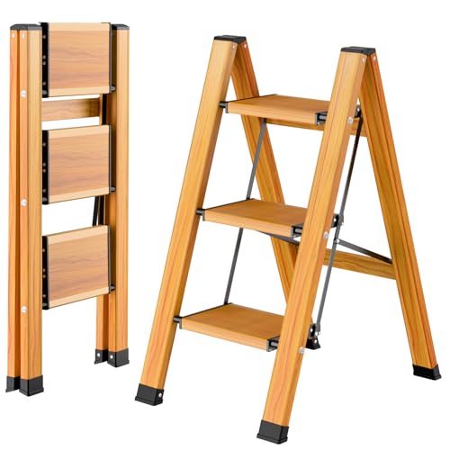 OTOmitra 3 Stufen Klappleiter Aluminium, Tragbare Trittleiter rutschfest, Multifunktionsleiter mit Holzmaserung Design, Belastbar bis 150 kg für Haushalt, Küche, Bad, Camping von OTOmitra