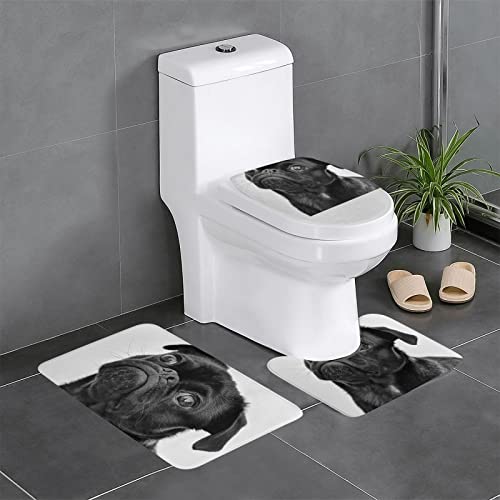 OTRAHCSD 3-teiliges Badematten-Set, niedlicher schwarzer Mops-Hunde-Badteppich, Badematte + Konturenmatte + WC-Deckelbezug mit rutschfester selbstklebender Unterseite von OTRAHCSD