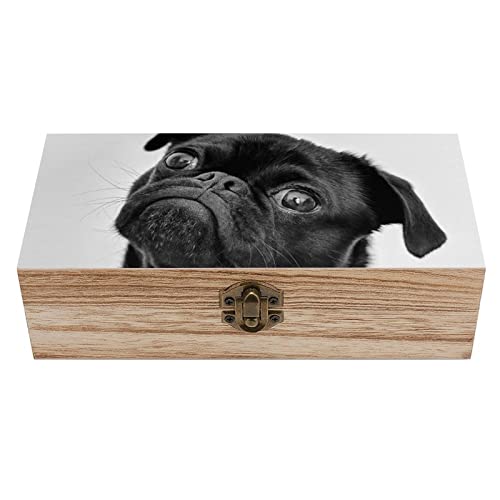 OTRAHCSD Quadratische Holzbox, niedlicher schwarzer Mops-Hund, Aufbewahrungsbox aus Holz, dekorative Holzkiste für Sammlerstücke von OTRAHCSD