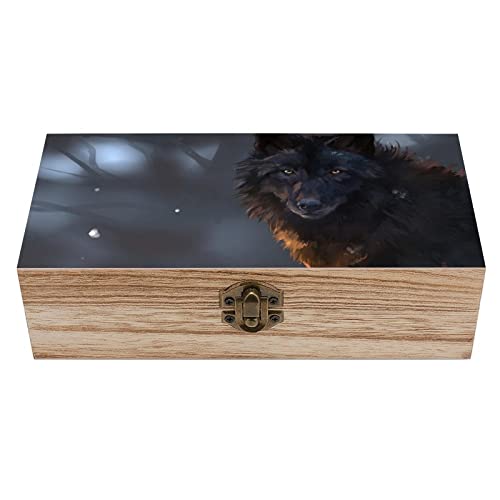 OTRAHCSD Quadratische Holzkiste, Fantasy Wolf Holz Aufbewahrungsbox Dekorative Home Holzkiste für Sammlerstücke von OTRAHCSD