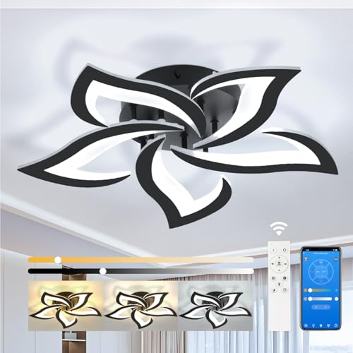 LED Deckenleuchte Wohnzimmer Modern, 3000k-6500k Deckenlampe LED Dimmbar mit Fernbedienung und App Steuerung, Timer-Funktion Deckenlamp Blume für KüCher Wohnzimmer Schlafzimmer, Schwarz(5 KöPfe/ø60cm） von OTREN