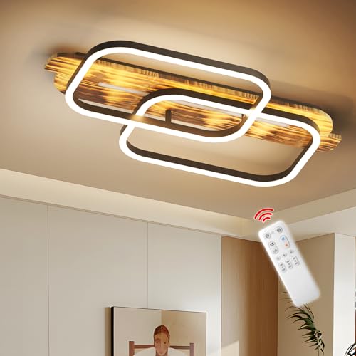 OTREN LED Deckenlampe Holz Dimmbar, 62CM Massivholz Schwarzer Rahmen Vintage Deckenleuchte, 36W Wohnzimmerlampe fur Schlafzimmer Küchen Flur Büro, Memory-Funktion, 3000K-6500K von OTREN