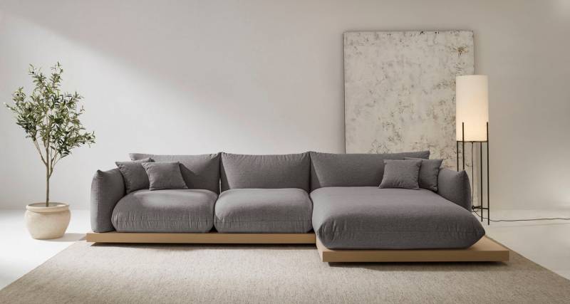 OTTO home Ecksofa Kalix, Polsterecke mit kräftigem Holz-Plateau, moderne Couch in L-Form, wahlweise Recamiere links o. rechts, Strukturstoff, hoher Sitzkomfort von OTTO home