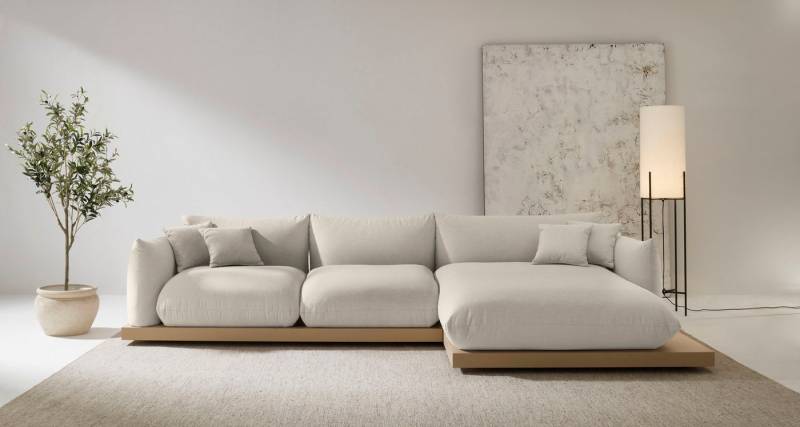 OTTO home Ecksofa Kalix, Polsterecke mit kräftigem Holz-Plateau, moderne Couch in L-Form, wahlweise Recamiere links o. rechts, Strukturstoff, hoher Sitzkomfort von OTTO home